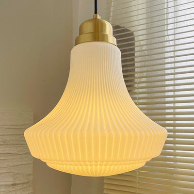 Traditional French Brass Glass Bell Stripe 1-Light Pendant Light For Dining Room