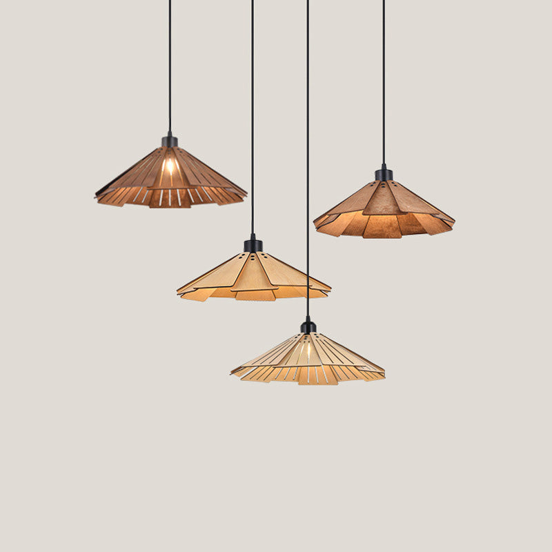 Traditional Japanese Lindenwood Metal Conic Umbrella Shape Origami 1-Light Pendant Light For Dining Room