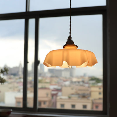 Traditional French Brass Glass Iron Round Folded 1-Light Pendant Light For Bedside