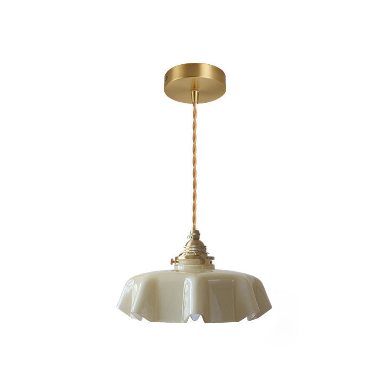 Traditional French Brass Glass Iron Round Folded 1-Light Pendant Light For Bedside