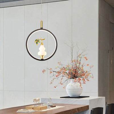 Traditional Chinese Copper Marble Zinc Alloy Round Elliptical Vase Gourd LED Pendant Light For Dining Room