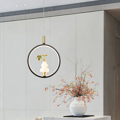 Traditional Chinese Copper Marble Zinc Alloy Round Elliptical Vase Gourd LED Pendant Light For Dining Room