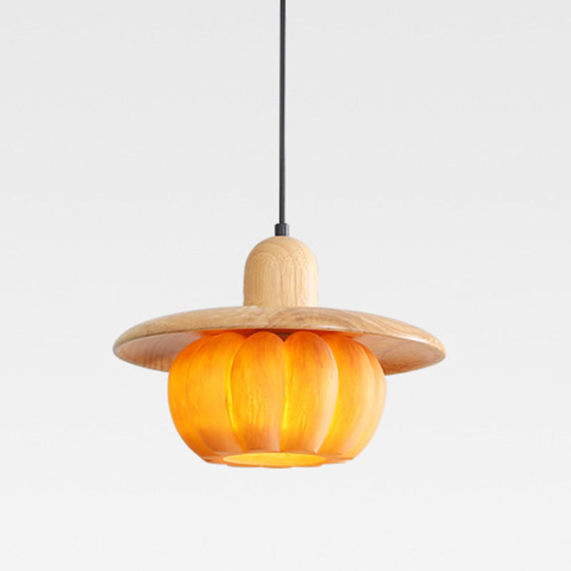 Traditional Japanese Wood Resin Pumpkin Round 1-Light Pendant Light For Kitchen