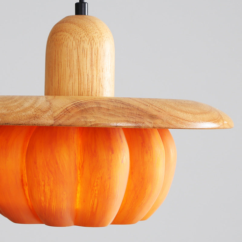 Traditional Japanese Wood Resin Pumpkin Round 1-Light Pendant Light For Kitchen