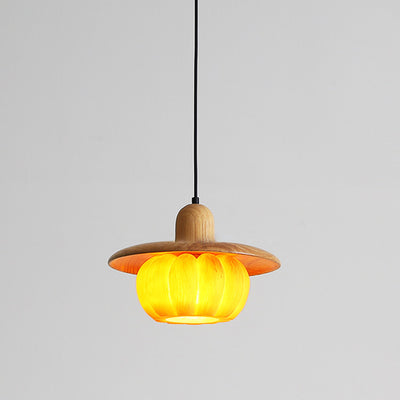 Traditional Japanese Wood Resin Pumpkin Round 1-Light Pendant Light For Kitchen