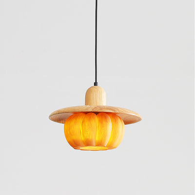 Traditional Japanese Wood Resin Pumpkin Round 1-Light Pendant Light For Kitchen