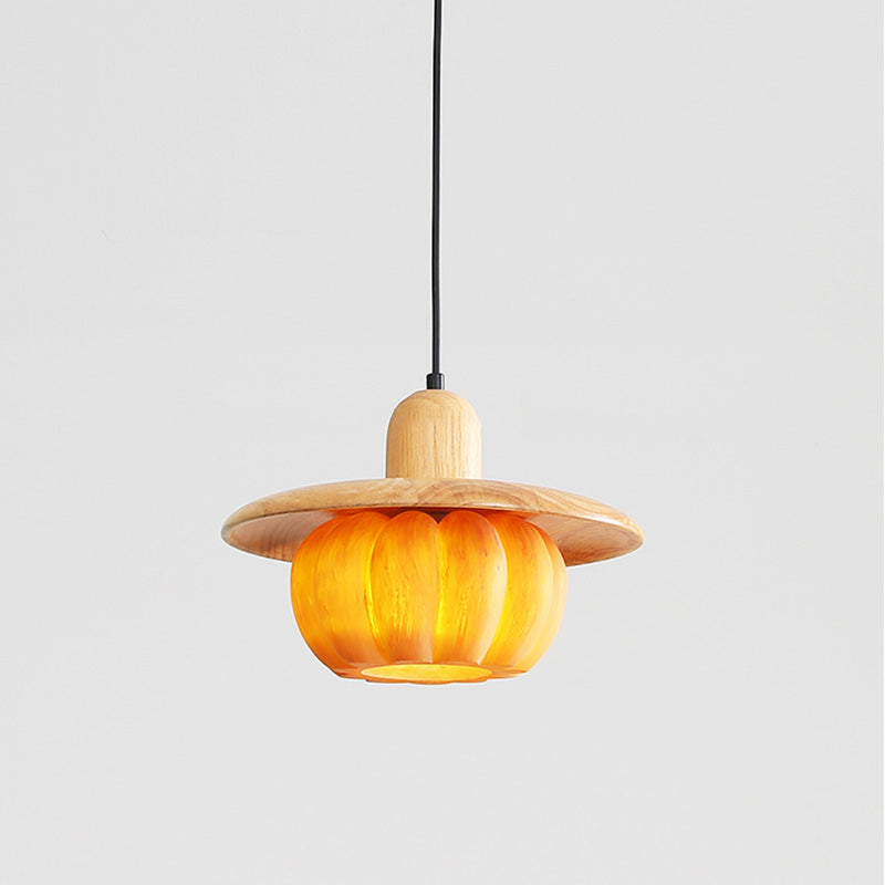 Traditional Japanese Wood Resin Pumpkin Round 1-Light Pendant Light For Kitchen