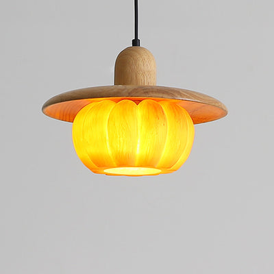 Traditional Japanese Wood Resin Pumpkin Round 1-Light Pendant Light For Kitchen