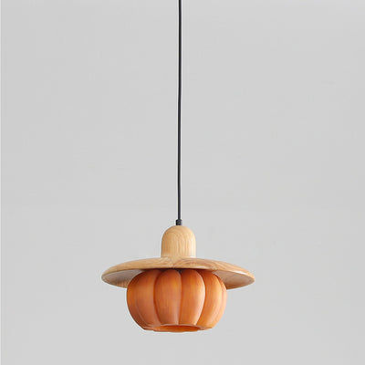 Traditional Japanese Wood Resin Pumpkin Round 1-Light Pendant Light For Kitchen