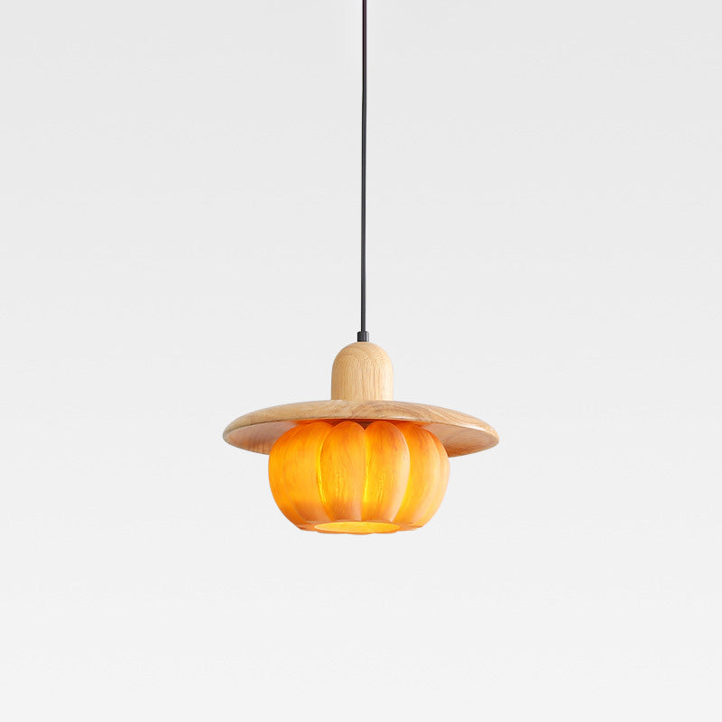 Traditional Japanese Wood Resin Pumpkin Round 1-Light Pendant Light For Kitchen