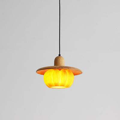 Traditional Japanese Wood Resin Pumpkin Round 1-Light Pendant Light For Kitchen