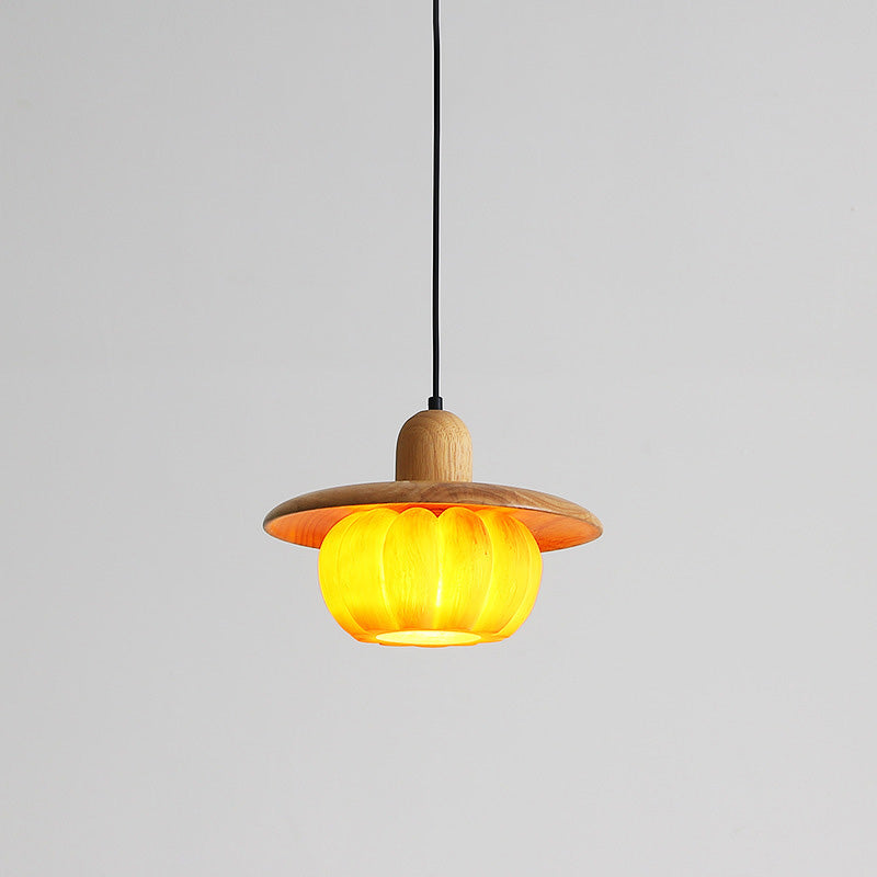 Traditional Japanese Wood Resin Pumpkin Round 1-Light Pendant Light For Kitchen