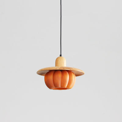 Traditional Japanese Wood Resin Pumpkin Round 1-Light Pendant Light For Kitchen