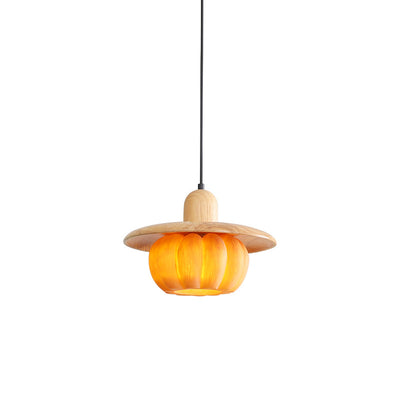 Traditional Japanese Wood Resin Pumpkin Round 1-Light Pendant Light For Kitchen