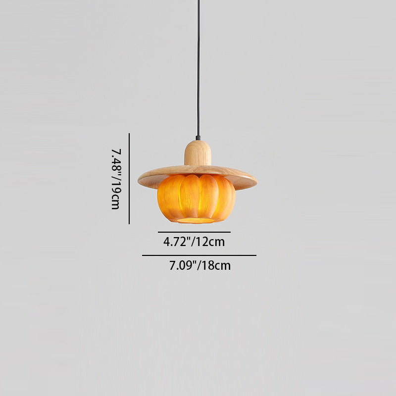 Traditional Japanese Wood Resin Pumpkin Round 1-Light Pendant Light For Kitchen