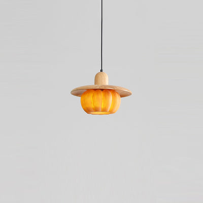 Traditional Japanese Wood Resin Pumpkin Round 1-Light Pendant Light For Kitchen