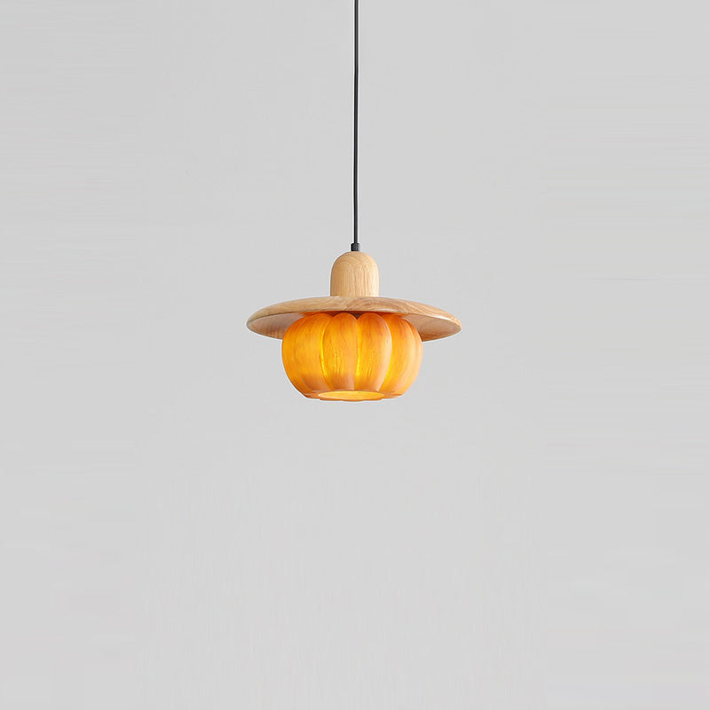 Traditional Japanese Wood Resin Pumpkin Round 1-Light Pendant Light For Kitchen