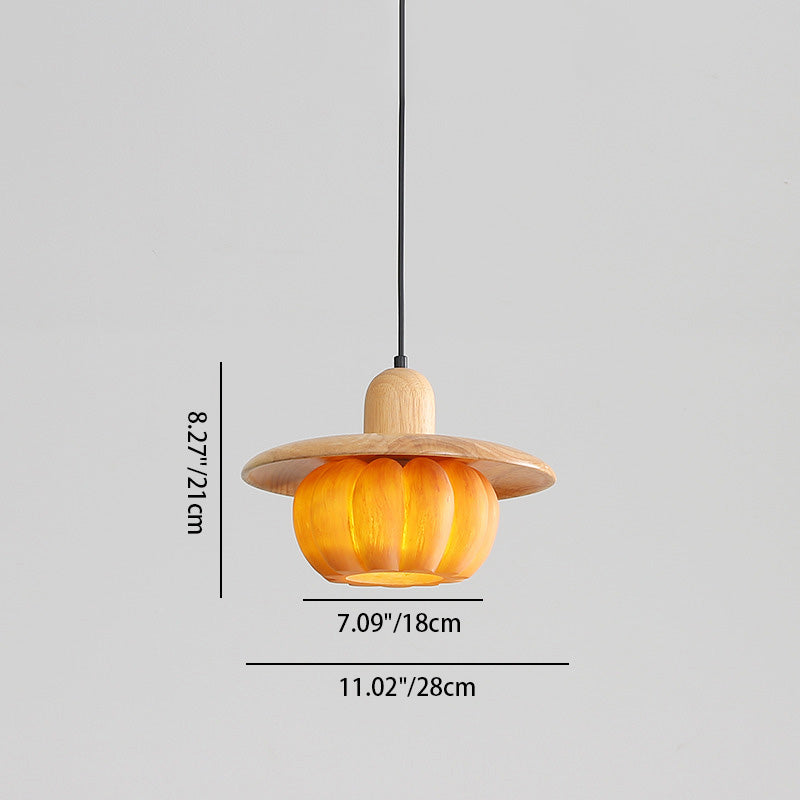 Traditional Japanese Wood Resin Pumpkin Round 1-Light Pendant Light For Kitchen