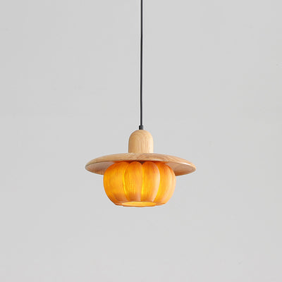 Traditional Japanese Wood Resin Pumpkin Round 1-Light Pendant Light For Kitchen