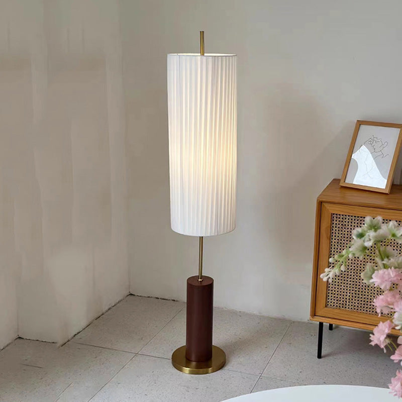 Traditional Japanese Iron Fabric Cylinder Pleated 1-Light Standing Floor Lamp For Living Room