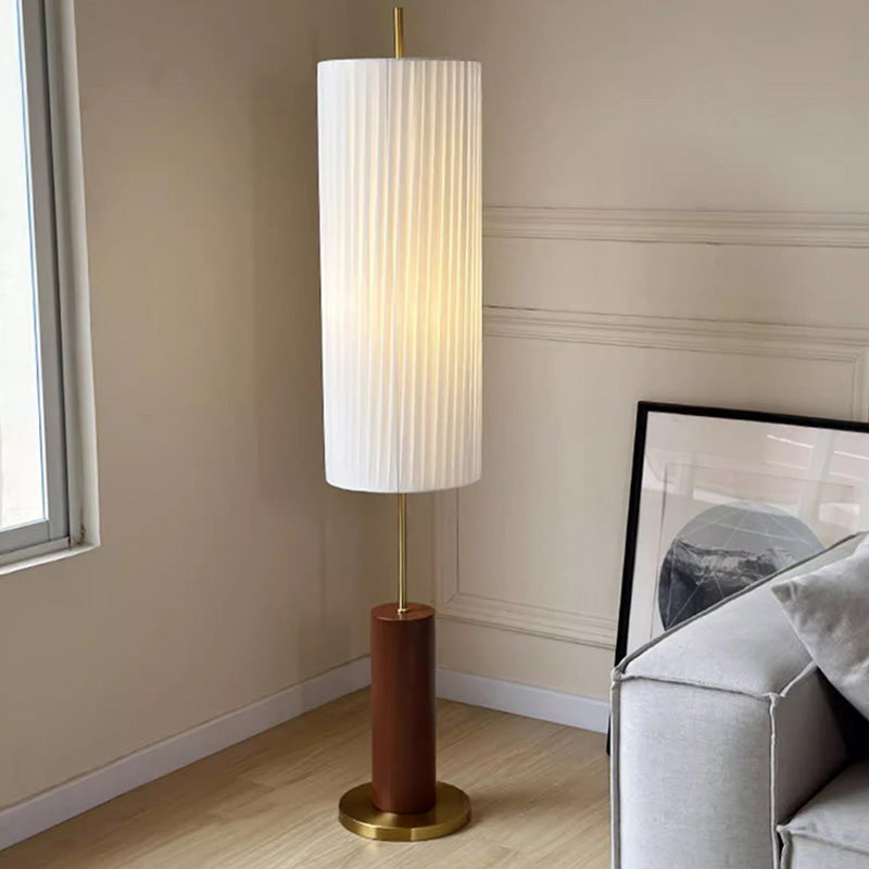 Traditional Japanese Iron Fabric Cylinder Pleated 1-Light Standing Floor Lamp For Living Room