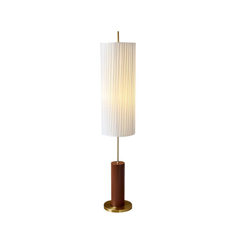 Traditional Japanese Iron Fabric Cylinder Pleated 1-Light Standing Floor Lamp For Living Room