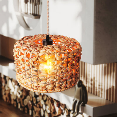 Traditional Farmhouse Weaving Rattan Round Cylinder 1-Light Pendant Light For Dining Room