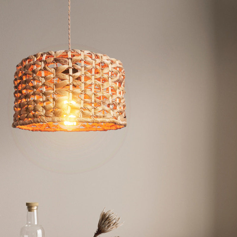 Traditional Farmhouse Weaving Rattan Round Cylinder 1-Light Pendant Light For Dining Room