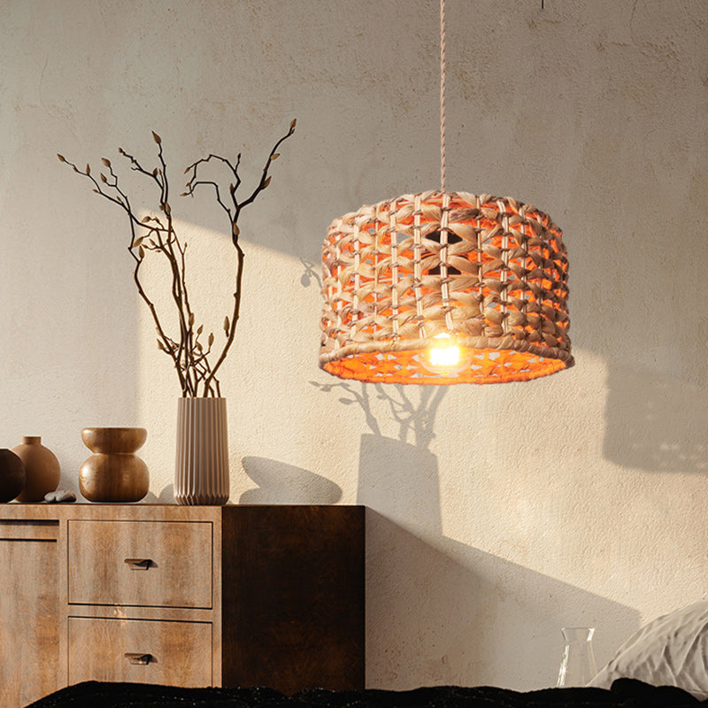 Traditional Farmhouse Weaving Rattan Round Cylinder 1-Light Pendant Light For Dining Room