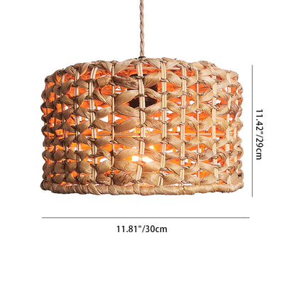 Traditional Farmhouse Weaving Rattan Round Cylinder 1-Light Pendant Light For Dining Room