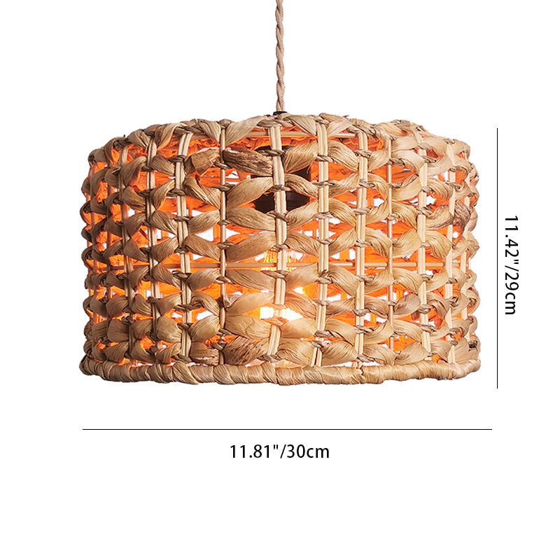 Traditional Farmhouse Weaving Rattan Round Cylinder 1-Light Pendant Light For Dining Room