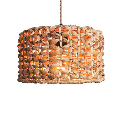 Traditional Farmhouse Weaving Rattan Round Cylinder 1-Light Pendant Light For Dining Room