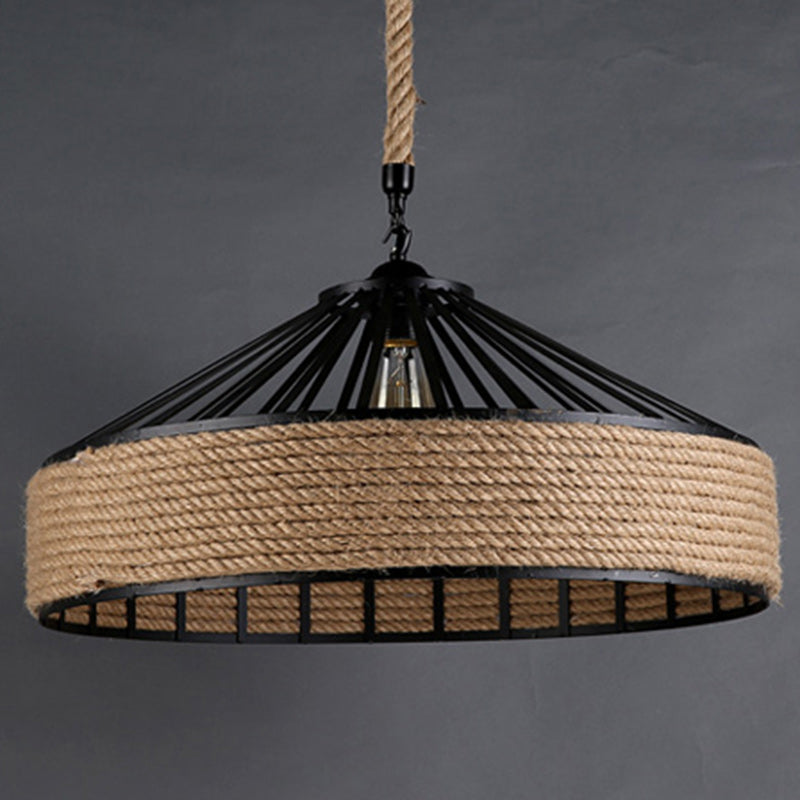 Contemporary Industrial Iron Hemp Rope Round Conic 1-Light Pendant Light For Dining Room