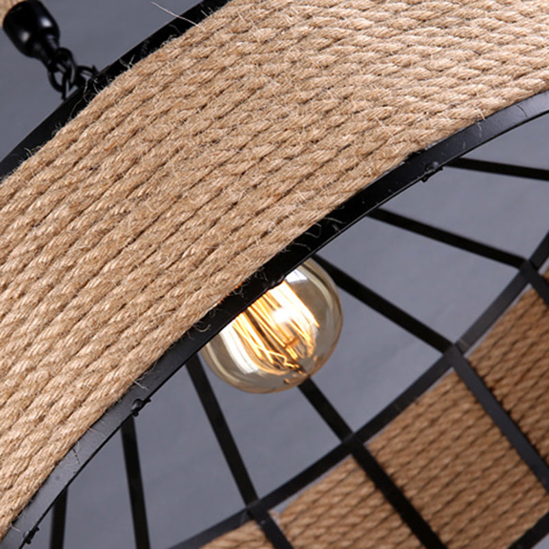 Contemporary Industrial Iron Hemp Rope Round Conic 1-Light Pendant Light For Dining Room