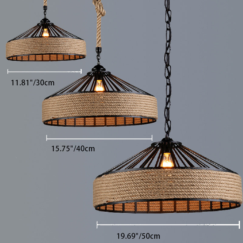 Contemporary Industrial Iron Hemp Rope Round Conic 1-Light Pendant Light For Dining Room