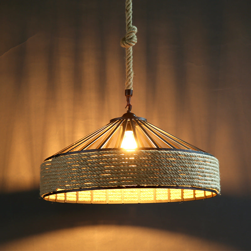 Contemporary Industrial Iron Hemp Rope Round Conic 1-Light Pendant Light For Dining Room