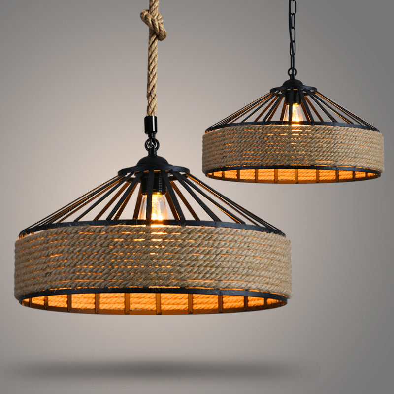 Contemporary Industrial Iron Hemp Rope Round Conic 1-Light Pendant Light For Dining Room