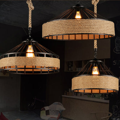 Contemporary Industrial Iron Hemp Rope Round Conic 1-Light Pendant Light For Dining Room