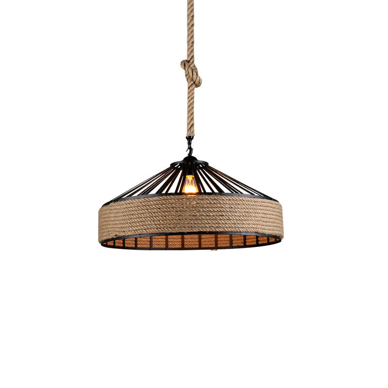 Contemporary Industrial Iron Hemp Rope Round Conic 1-Light Pendant Light For Dining Room