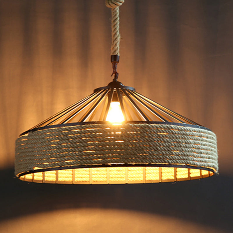 Contemporary Industrial Iron Hemp Rope Round Conic 1-Light Pendant Light For Dining Room