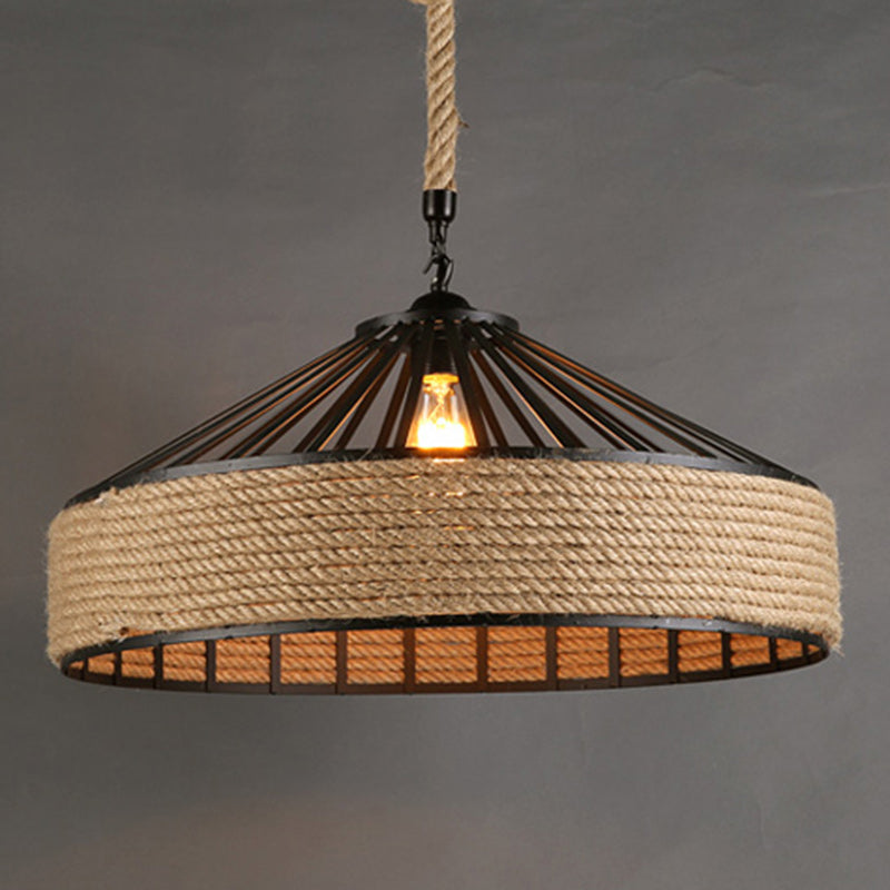 Contemporary Industrial Iron Hemp Rope Round Conic 1-Light Pendant Light For Dining Room