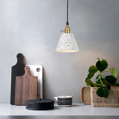 Contemporary Nordic Terrazzo Brass Round Cylinder Conic 1-Light Pendant Light For Dining Room