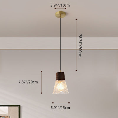 Traditional Japanese Copper Wood Glass Hemp Rope Conic Ripple 1/3 Light Pendant Light For Dining Room