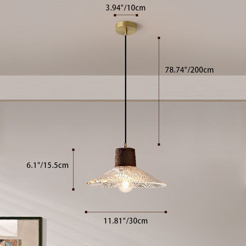 Traditional Japanese Copper Wood Glass Hemp Rope Conic Ripple 1/3 Light Pendant Light For Dining Room