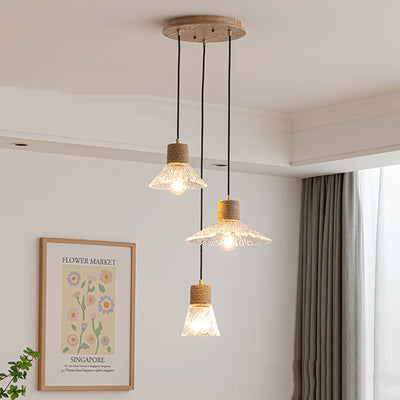 Traditional Japanese Copper Wood Glass Hemp Rope Conic Ripple 1/3 Light Pendant Light For Dining Room