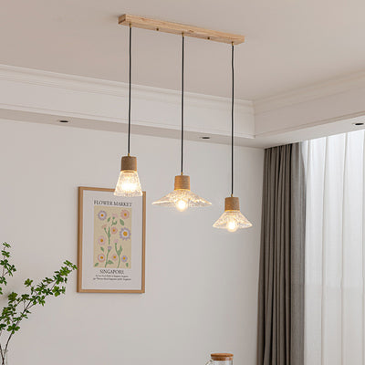 Traditional Japanese Copper Wood Glass Hemp Rope Conic Ripple 1/3 Light Pendant Light For Dining Room