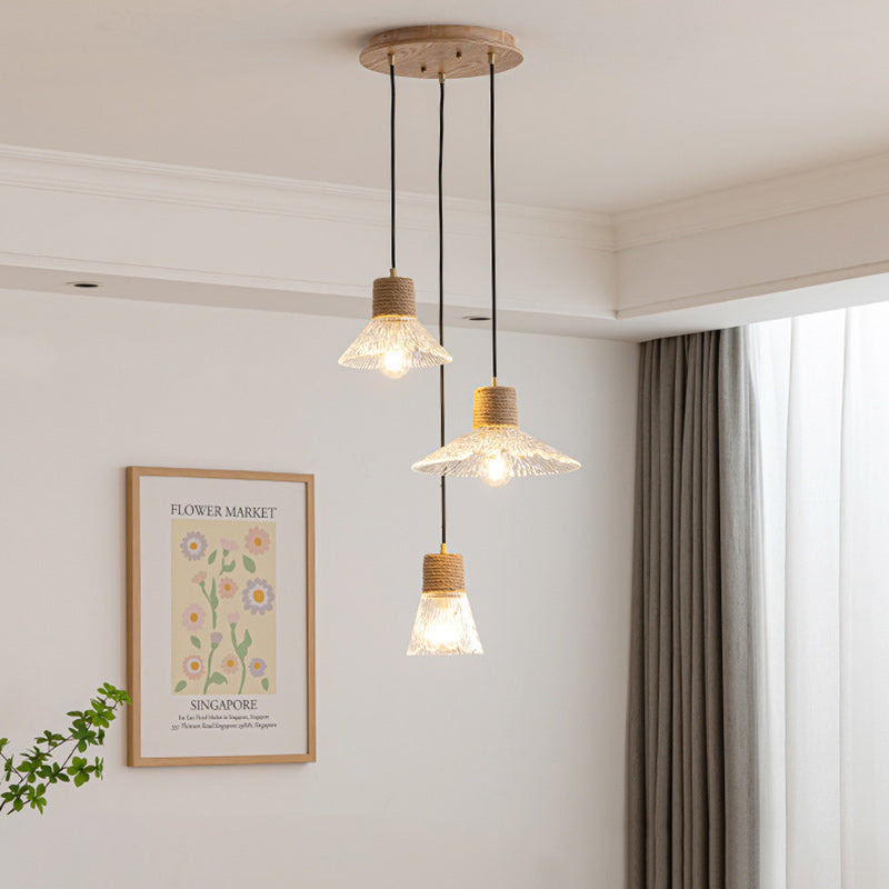 Traditional Japanese Copper Wood Glass Hemp Rope Conic Ripple 1/3 Light Pendant Light For Dining Room