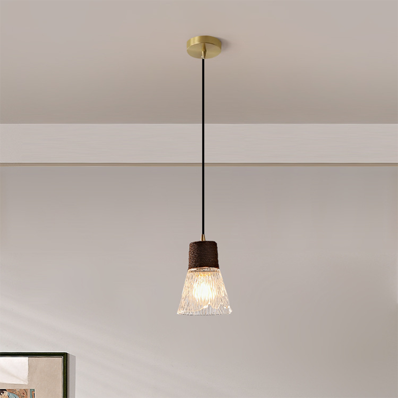 Traditional Japanese Copper Wood Glass Hemp Rope Conic Ripple 1/3 Light Pendant Light For Dining Room