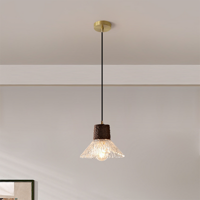 Traditional Japanese Copper Wood Glass Hemp Rope Conic Ripple 1/3 Light Pendant Light For Dining Room