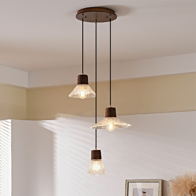 Traditional Japanese Copper Wood Glass Hemp Rope Conic Ripple 1/3 Light Pendant Light For Dining Room